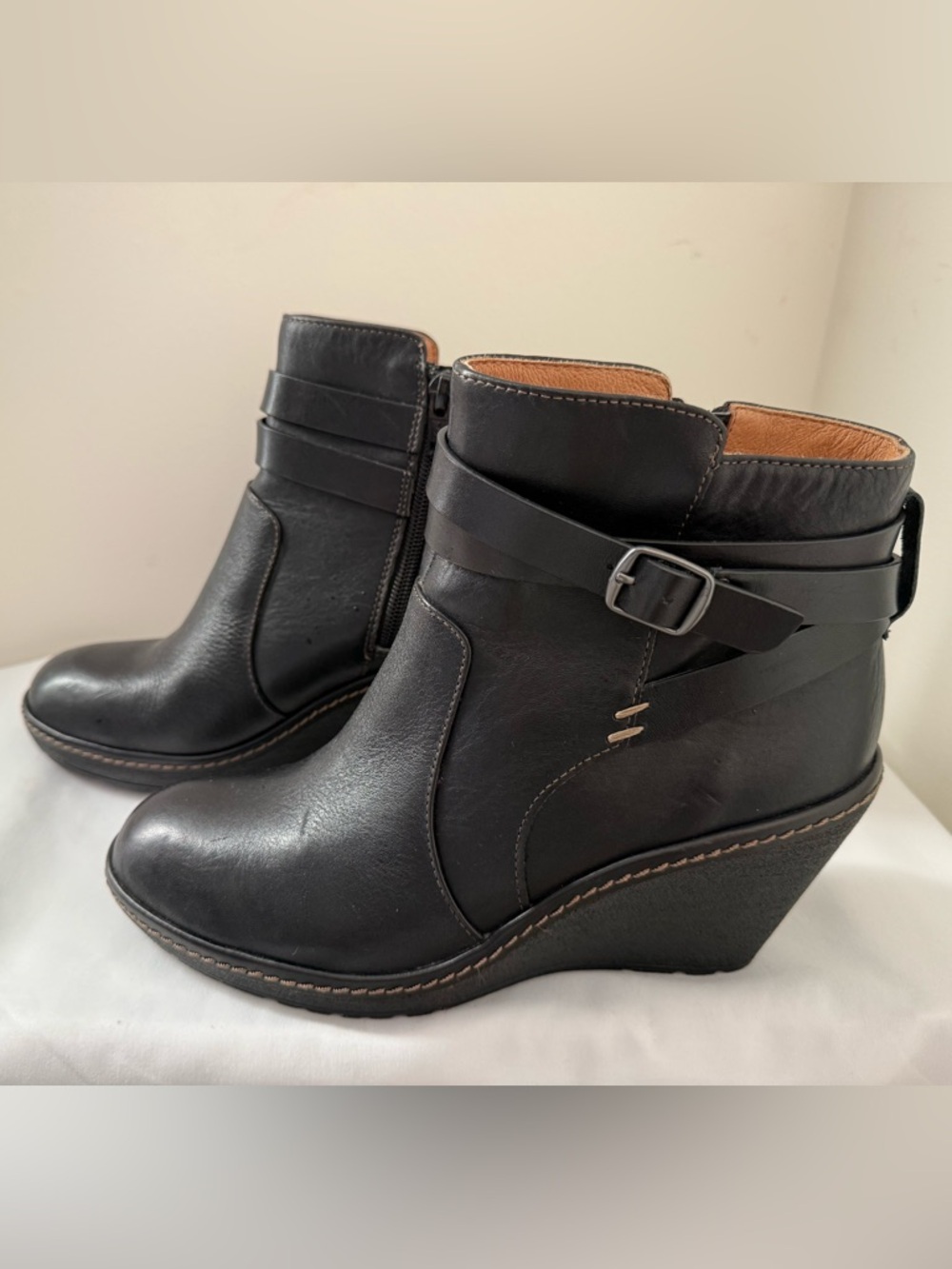 Sofft Black Wedge Ankle Boots with Buckle Strap